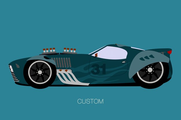 Vector custom muscle car, side view, flat design style