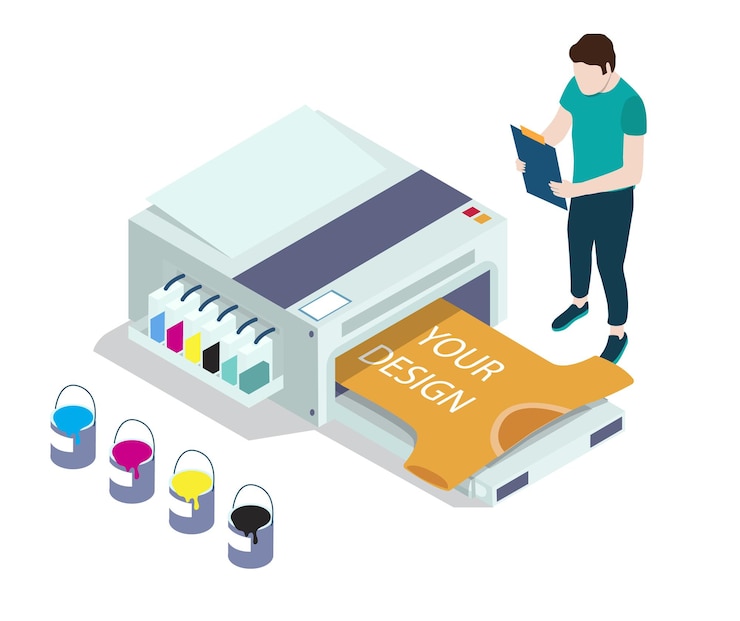 Vector 사용자 정의 tshirt 및 의류 인쇄 벡터 아이소메트릭 그림 사용자 정의 상품 인쇄소 서비스