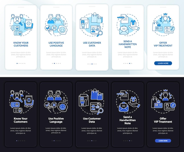 Vector customer assistance night and day mode onboarding mobile app screen. walkthrough 5 steps graphic instructions pages with linear concepts. ui, ux, gui template. myriad pro-bold, regular fonts used