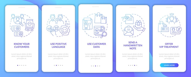 Suggerimenti per l'assistenza clienti sfumatura blu onboarding schermata dell'app mobile procedura dettagliata 5 passaggi con istruzioni grafiche pagine con concetti lineari modello gui ui ux myriad probold font regolari utilizzati