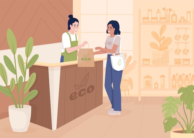 Customer and assistant at eco store flat color vector illustration