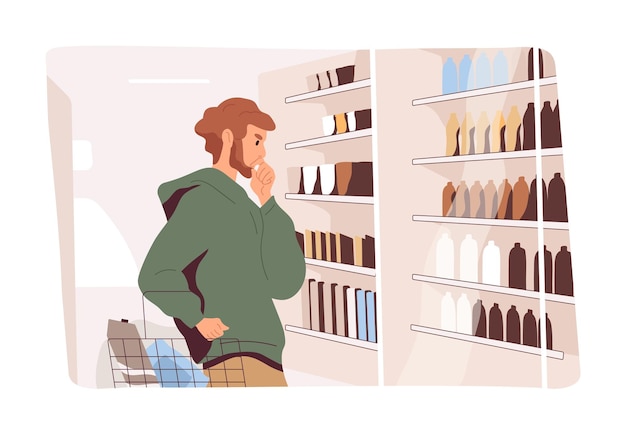 Customer doing shopping, choosing products in supermarket. Pensive consumer thinking before making choice. Thoughtful man buyer with basket in store. Flat vector illustration of shopper in hypermarket