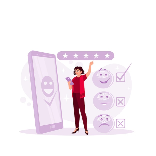 Vector customer experience concept happy girl gets positive reviews on her online shop five stars