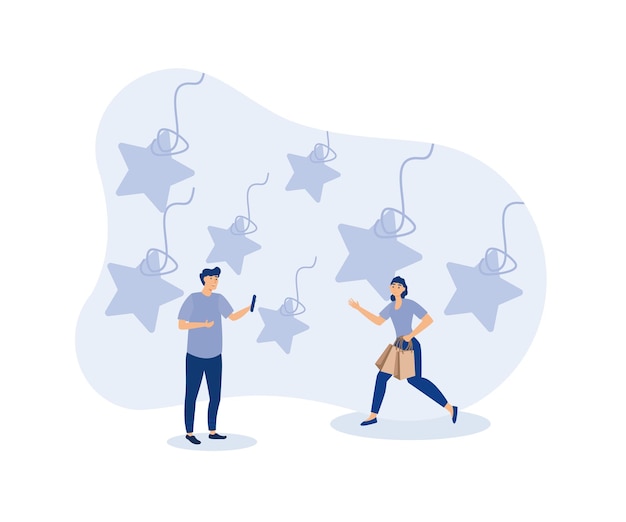 customer experience rating, happy customer holding shopping bag hung on golden five stars,
