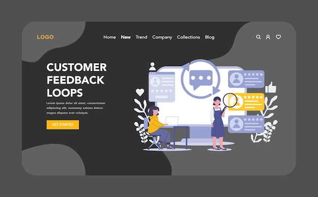 顧客のフィードバックループ - 夜間またはダークモード - ウェブまたはランディングページの繰り返しプロセス