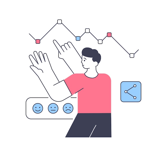 Удовлетворенность отзывов клиентов, анализирующая векторную плоскую иллюстрацию отчета о графике данных мужского менеджера