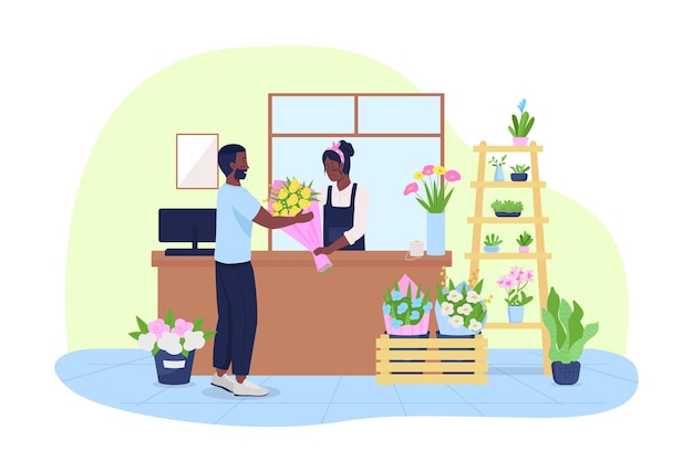 Customer at flower kiosk 2d vector isolated illustration