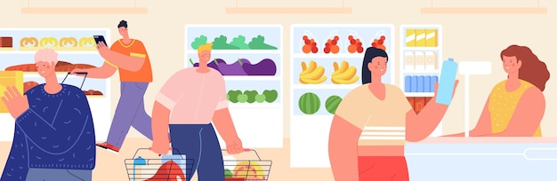 Vector customer in food store buy products paying with credit card person in grocery shop or supermarket with cart went to cashier utter vector banner