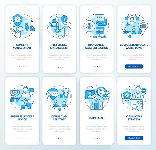 Set di schermate dell'app mobile per l'onboarding blu per la gestione dell'identità del cliente