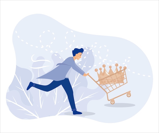 Customer is king, happy man customer wearing king crown running with shopping cart ready to buy