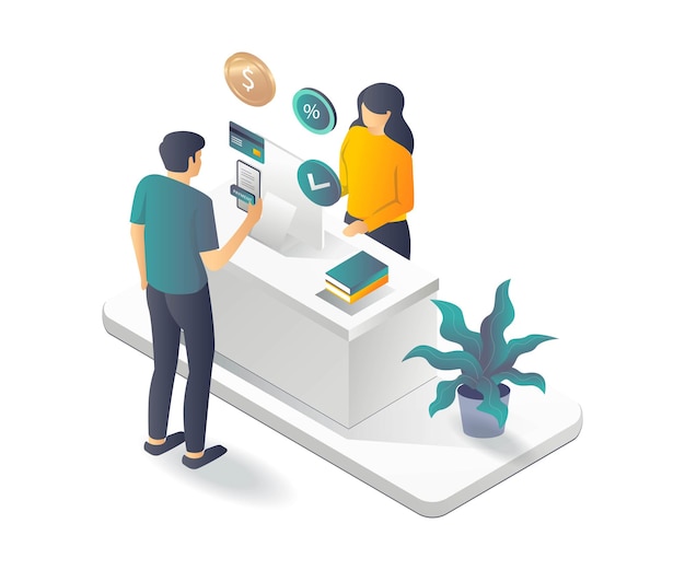 Customer is paying with smartphone in isometric illustration