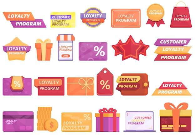 Customer loyalty program icons set cartoon vector. Reward member. System back