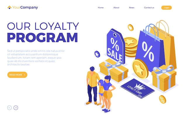 Vector customer loyalty programs landing page template. family and child with gifts for bonuses from loyalty program as part of customer return marketing. gift box, points, bonuses. isometric vector