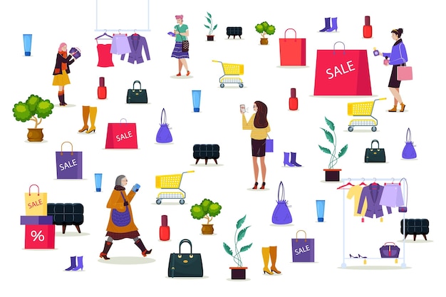 Customer people with smartphone in store vector illustration flat woman character shopping business