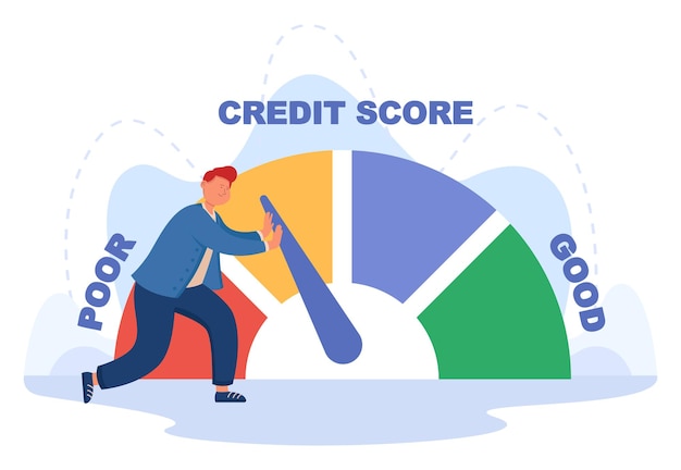 Vector customer pushing arrow of credit score on mortgage speedometer