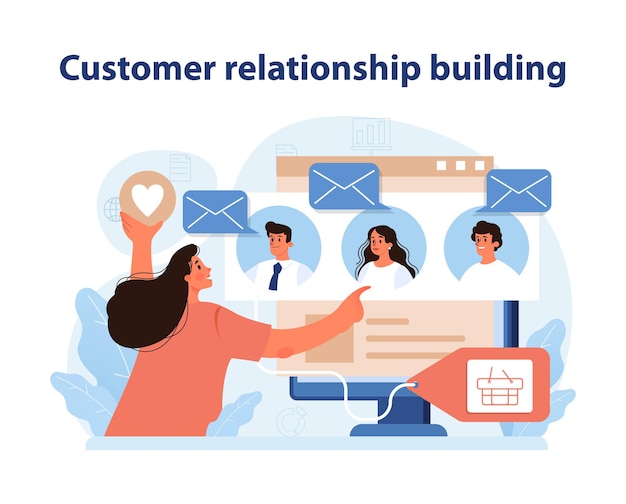 고객 관계 구축 일러스트: 마케팅 담당자가 디지털 도구를 사용하여 고객과 연결합니다.
