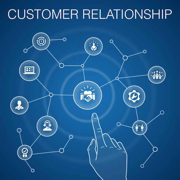 Концепция отношений с клиентами синий фон службы связи CRM значки обслуживания клиентов