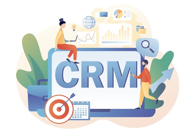 Vettore concetto di gestione delle relazioni con i clienti testo crm sullo schermo del laptop strategia aziendale