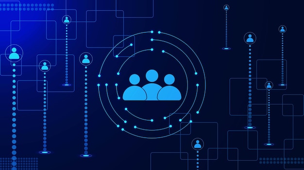 Relazione con il cliente e tecnologia di connessione di rete con icone di persone su sfondo blu scuro