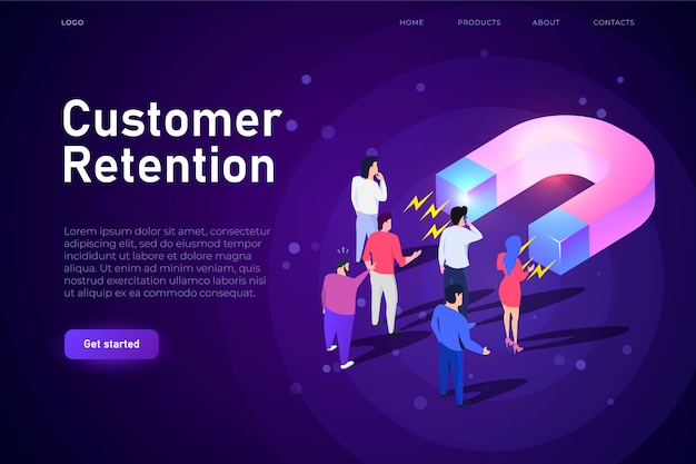 顧客維持等尺性illsutration、webページのランディングテンプレート。大きな磁石は顧客、バイヤーを引き付けます。 eコマース分野のレスポンシブデザイン。