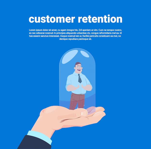 Customer retention manager hand holding a client in cover a glass bulb over blue background flat
