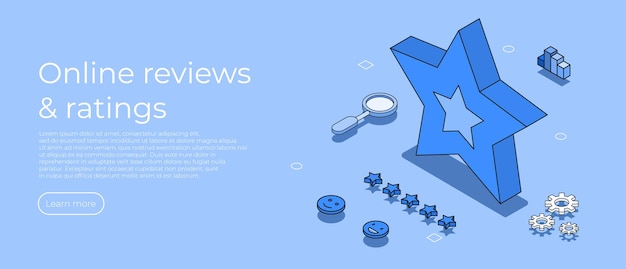 customer review concept feedback reputation and quality concept five star feedback in isometric style online reviews and ratings vector illustration concept