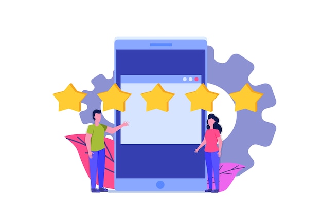 customer review, feedback consumer flat style concept. people are holding stars.