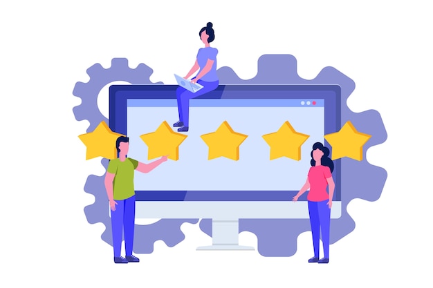 Vector customer review, feedback consumer flat style concept. people are holding stars.