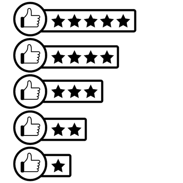 カスタマーレビューアイコン、品質評価、5つ星の線の記号