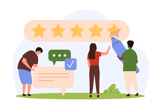 Customer review tiny people holding marker to grade product with 5 yellow stars