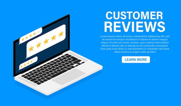 Customer review with gold star icon in laptop screen