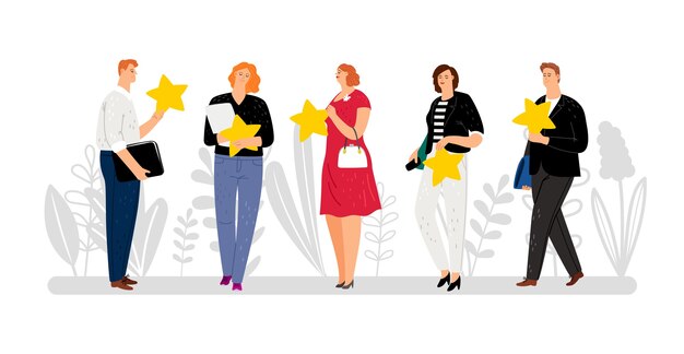 customer reviews, feedback, five stars rating. flat people with golden stars illustration
