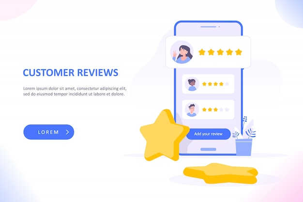 Vector customer reviews on smartphone screen