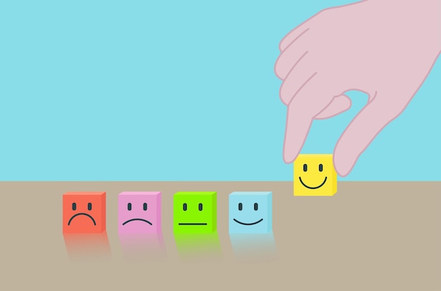 Customer satisfaction feedback survey concept background vector art Selects yellow smiley face