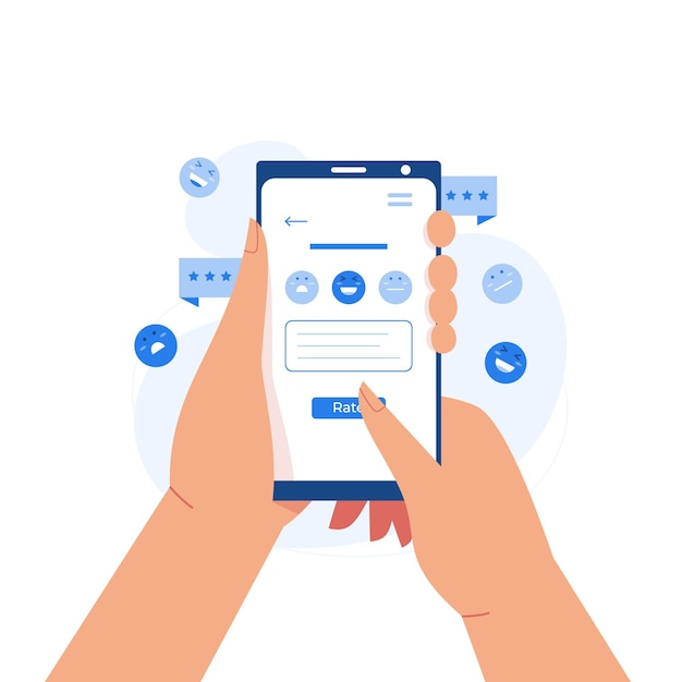スマートフォンのオンラインレビューを持っている携帯電話の手にフィードバックを送信する顧客