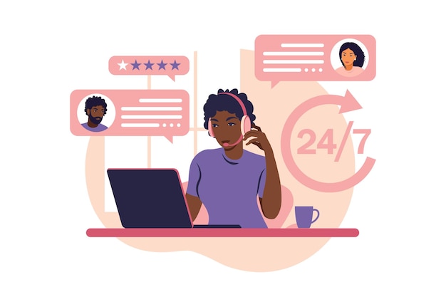 Vector customer service concept. african woman with headphones and microphone with laptop. support, assistance, call center. vector illustration. flat style