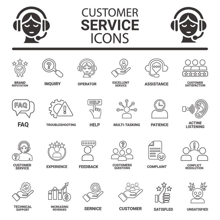 Customer service icon set Containing customer satisfied assistance experience feedback operator