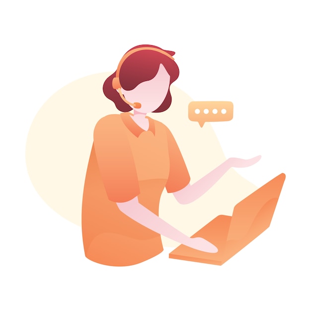 Vector customer service illustration with woman wear headset and chatting with customers