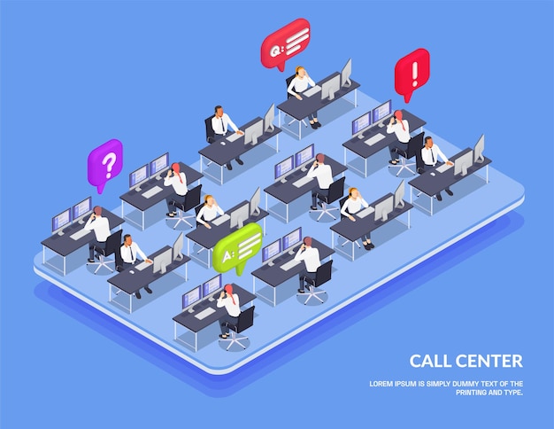 Servizio clienti composizione isometrica e colorata open space con operatori call center online e chat