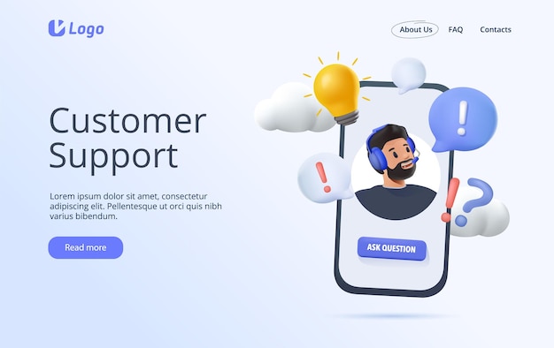 Vector customer service landing page man with headphones and microphone with smartphone customer support