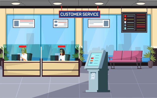 Customer service office Bank lobby lounge zone hall waiting room interior ATM reception desks