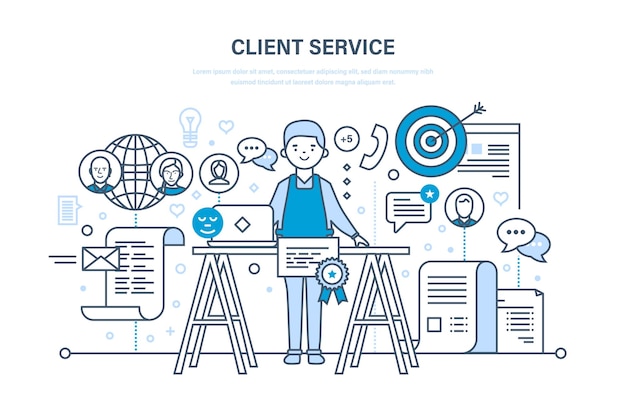 顧客サービスの問題解決コミュニケーションとコミュニケーション技術サポートの細い線のデザイン