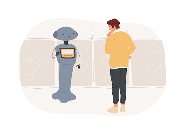 Роботы обслуживания клиентов изолированные мультфильмы векторные иллюстрации человек, взаимодействующий с цифровым роботом