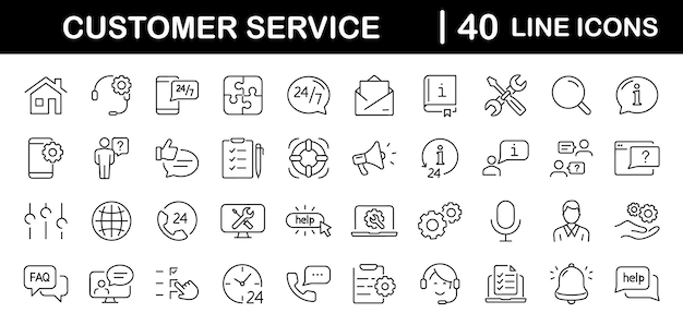Вектор Набор веб-икон в линейном стиле помощь и поддержка поддержка и сервисные иконы для веб- и мобильного приложения онлайн-помощь помочь клиенту 24 часа обслуживания и больше векторная иллюстрация