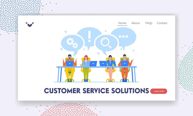 Vector customer service solution landing page template technical support specialist solve client problems hotline call center