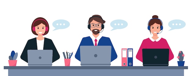 Vector customer service support or call center concept. young man and women with headphones microphone and computer