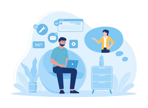 Customer service technical support consults with clients and helps them concept flat illustration