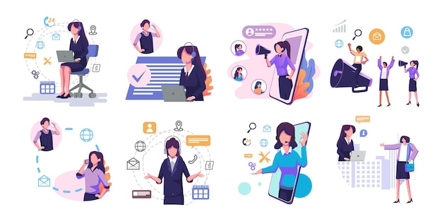 Customer services illustration flat style set bundle