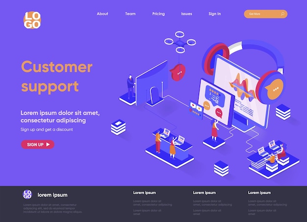 Customer support 3d isometric landing page website   illustration with people characters