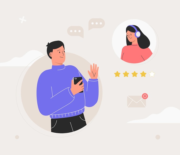 Vector customer support concept. customer service, man chatting with hotline operator - positive feedback, five stars. flat style vector illustration.